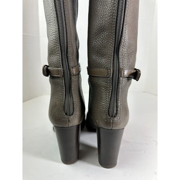 Tory Burch Pebbled Leather Back Zip Tall Block Heeled Buckle Boots Gray Size 6 M - Picture 8 of 15